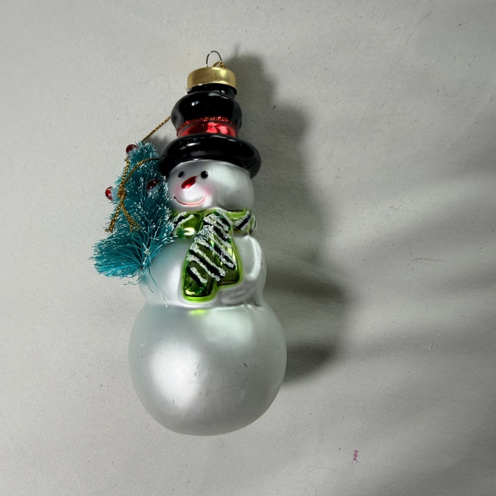 Glass Snowman Christmas Ornament with Top Hat and Bottle Brush Tree 5.5 Inch